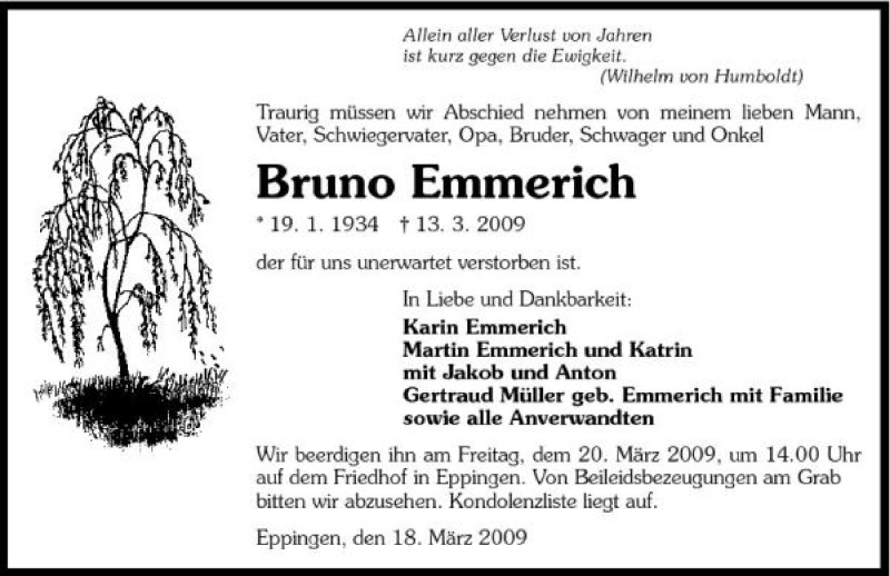  Traueranzeige für Bruno Emmerich vom 18.03.2009 aus 