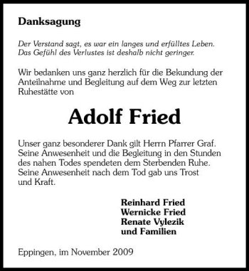 Traueranzeige von Adolf Fried 