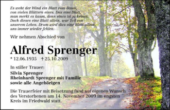 Traueranzeige von Alfred Sprenger 