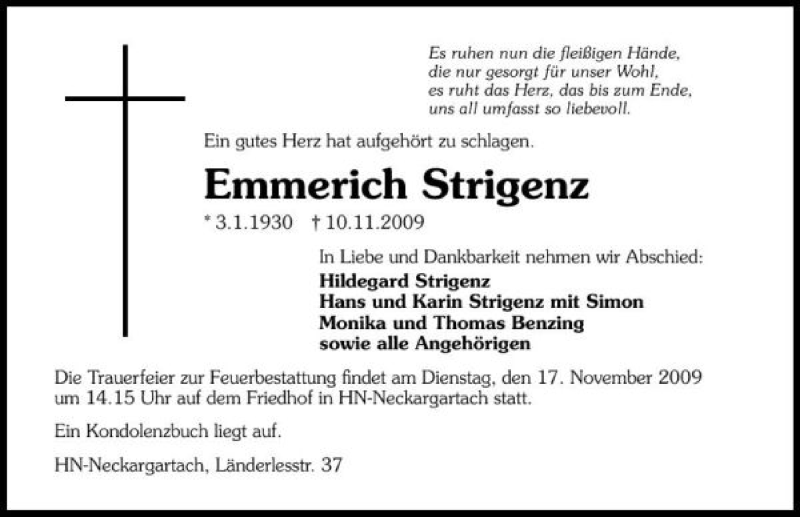  Traueranzeige für Emmerich Strigenz vom 16.11.2009 aus 