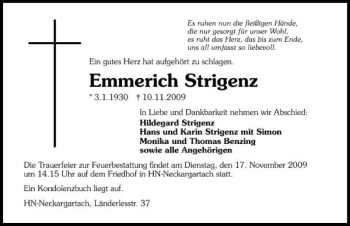 Traueranzeige von Emmerich Strigenz 