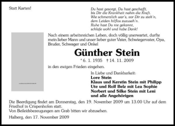 Traueranzeige von Günther Stein 