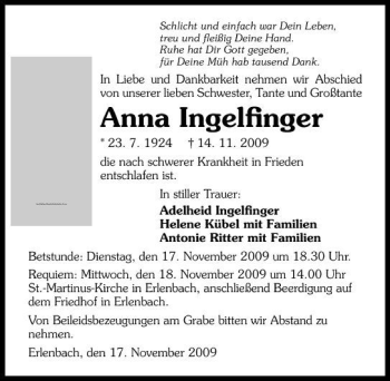 Traueranzeige von Anna Ingelfinger 