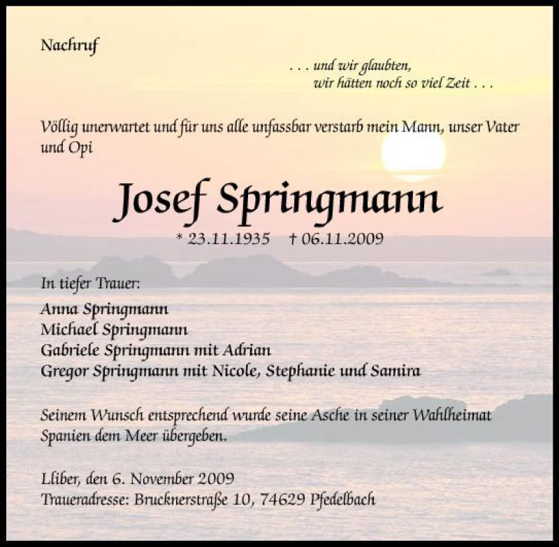  Traueranzeige für Josef Spingmann vom 21.11.2009 aus 