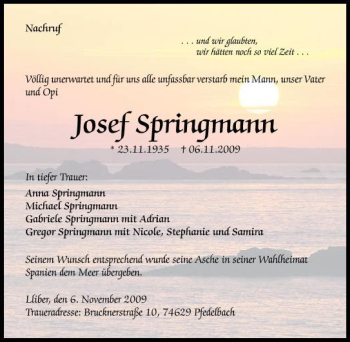 Traueranzeige von Josef Spingmann 