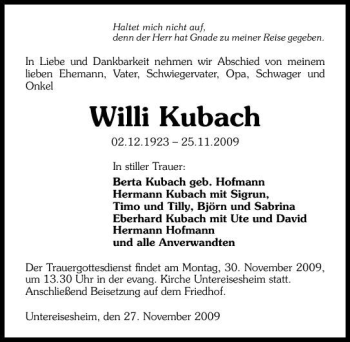 Traueranzeige von Willi Kubach 