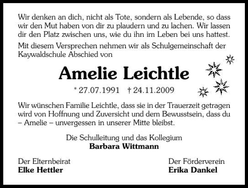  Traueranzeige für Amelie Leichtle vom 28.11.2009 aus 