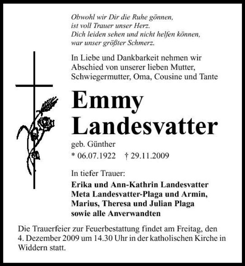  Traueranzeige für Emmy Landesvatter vom 02.12.2009 aus 