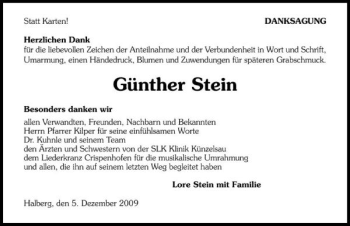 Traueranzeige von Günther Stein 