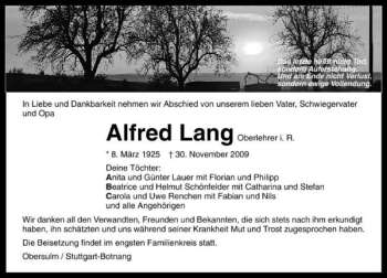 Traueranzeige von Alfred Lang 