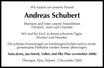 Traueranzeige von Andreas Schubert 