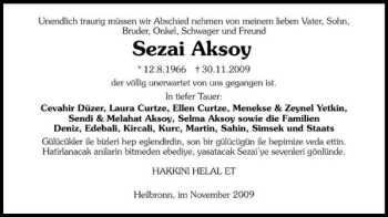 Traueranzeige von Sezai Aksoy 