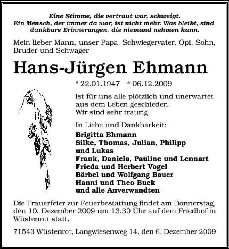  Traueranzeige für Hans-Jürgen Ehrmann vom 08.12.2009 aus 