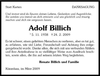 Traueranzeige von Adolf Billich 