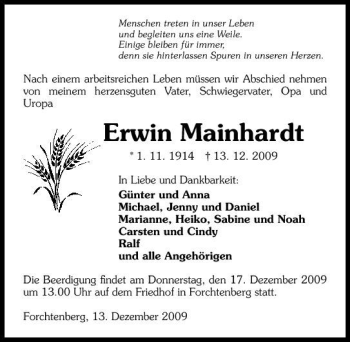 Traueranzeige von Erwin Mainhardt 