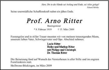 Traueranzeige von Arno Ritter 