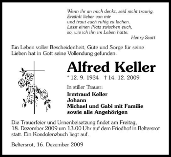 Traueranzeige von Alfred Keller 