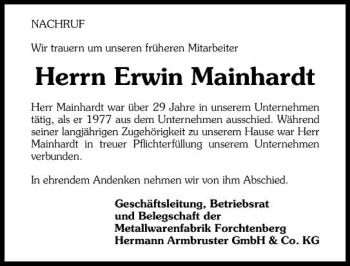 Traueranzeige von Erwin Mainhardt 