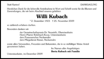 Traueranzeige von Willi Kubach 