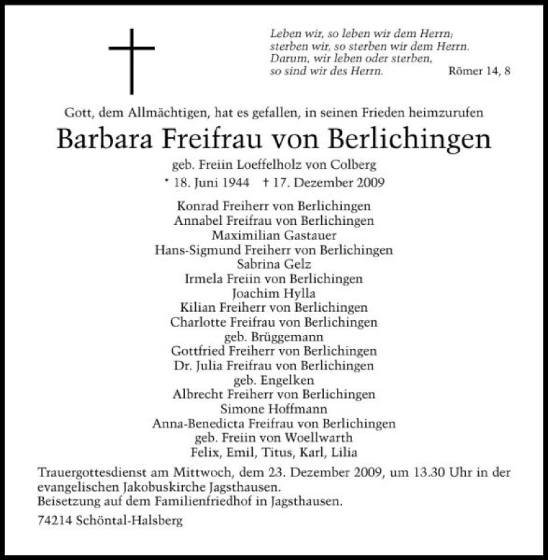  Traueranzeige für Barbara Freifrau von Berlichingen vom 21.12.2009 aus 