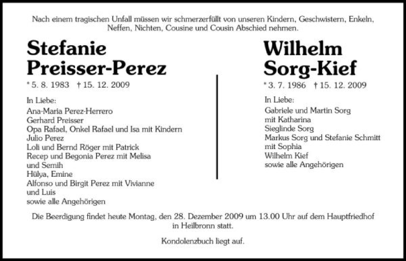  Traueranzeige für Stefanie Sorg-Kiefer Preisser-Perez vom 28.12.2009 aus 