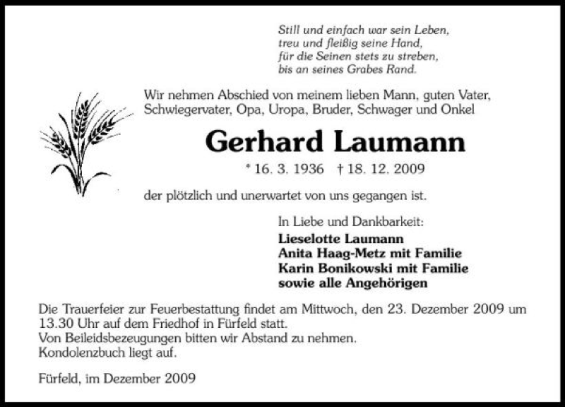  Traueranzeige für Gerhard Laumann vom 22.12.2009 aus 