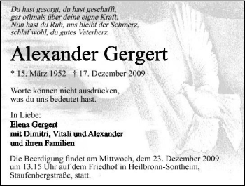Traueranzeige von Alexander Gergert 