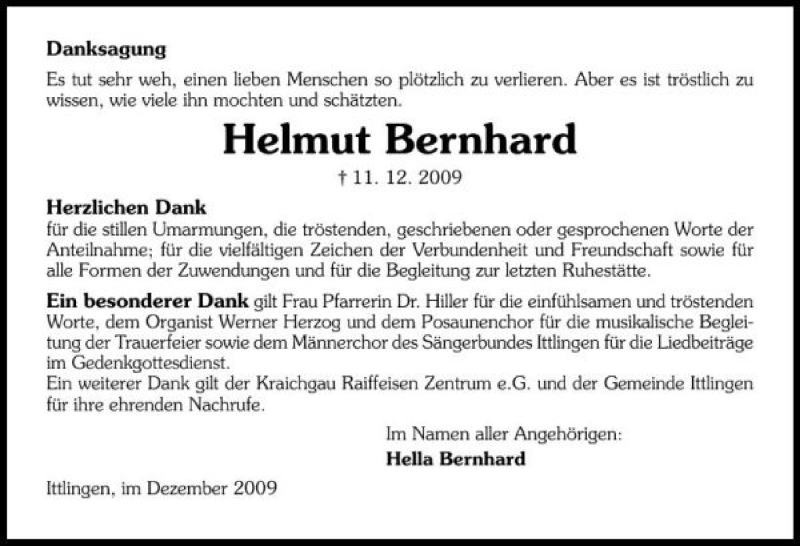  Traueranzeige für Helmut Bernhard vom 31.12.2009 aus 