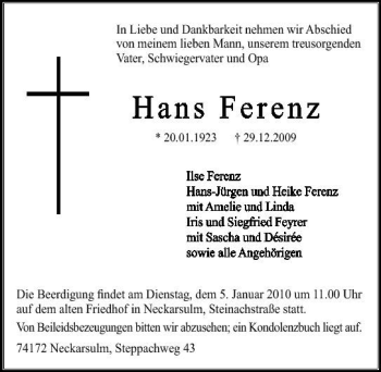 Traueranzeige von Hans Ferenz 