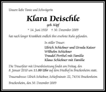 Traueranzeige von Klara Deischle 