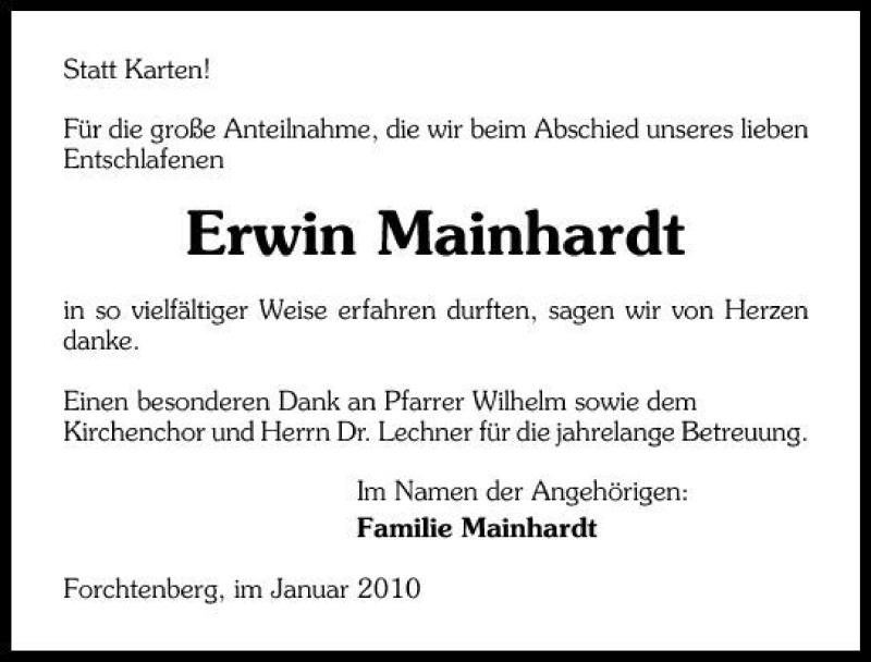  Traueranzeige für Erwin Mainhardt vom 07.01.2010 aus 