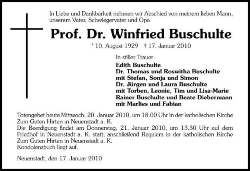  Traueranzeige für Dr. Winfried Buschulte vom 20.01.2010 aus 