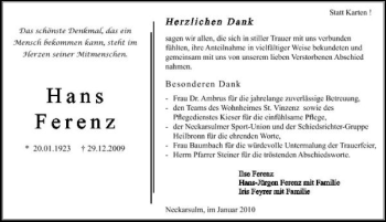 Traueranzeige von Hans Ferenz 