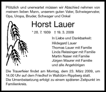 Traueranzeige von Horst Lauer 