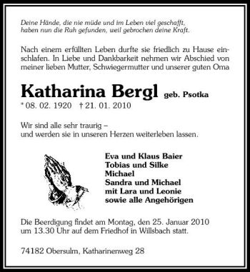 Traueranzeige von Katharina Bergl 