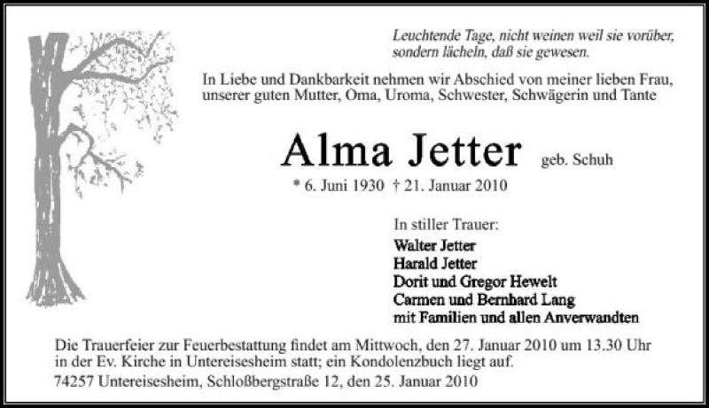  Traueranzeige für Alma Jetter vom 25.01.2010 aus 