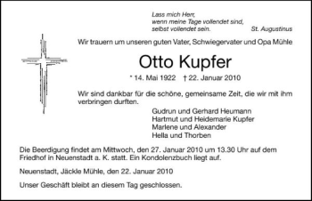 Traueranzeige von Otto Kupfer 
