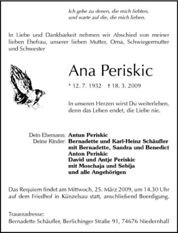 Traueranzeige von Ana Periskic 