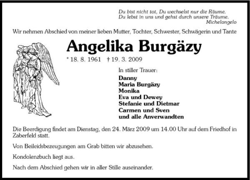  Traueranzeige für Angelika Burgäzy vom 23.03.2009 aus 