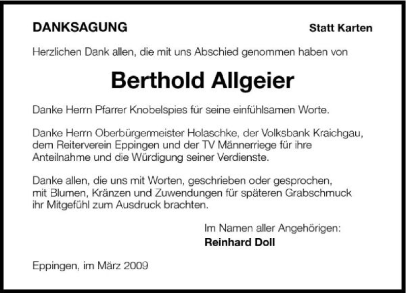  Traueranzeige für Berthold Allgeier vom 25.03.2009 aus 