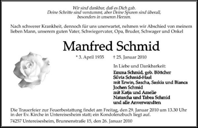  Traueranzeige für Manfred Schmid vom 27.01.2010 aus 