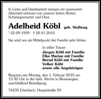 Traueranzeige von Adelheid Köbl 