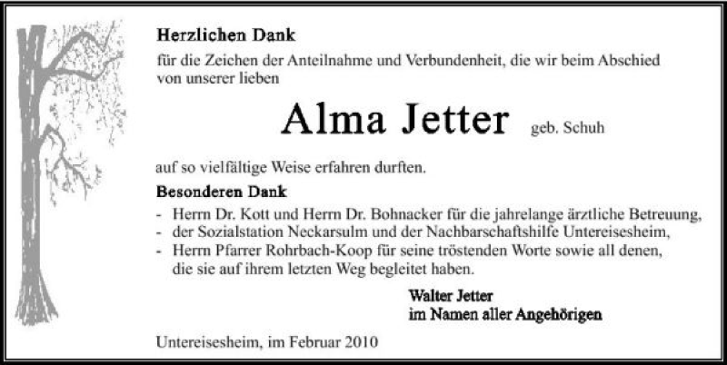  Traueranzeige für Alma Jetter vom 03.02.2010 aus 
