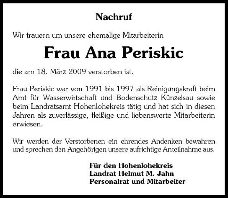  Traueranzeige für Ana Periskic vom 24.03.2009 aus 