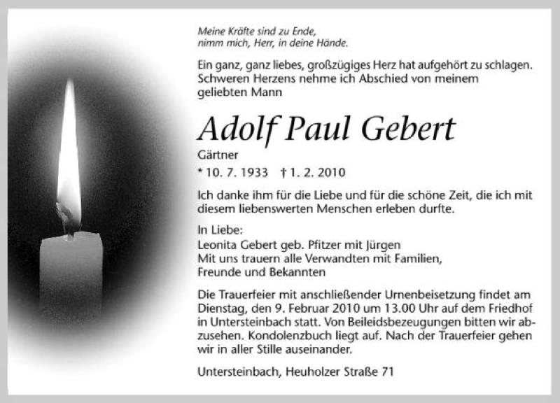 Traueranzeige für Adolf Gebert vom 05.02.2010 aus 