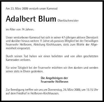 Traueranzeige von Adalbert Blum 