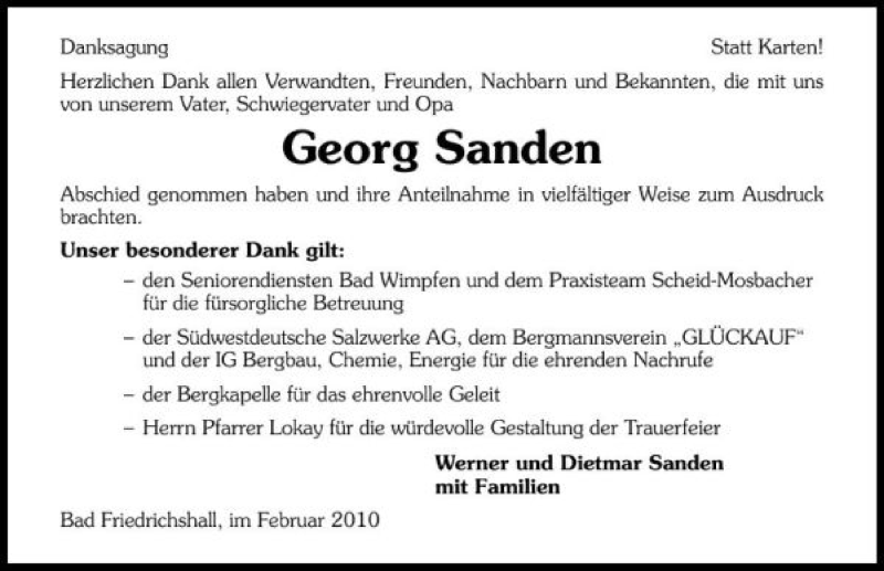  Traueranzeige für Georg Sanden vom 08.02.2010 aus 