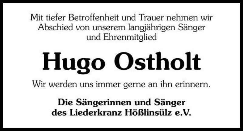  Traueranzeige für Hugo Ostholt vom 08.02.2010 aus 