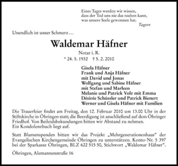 Traueranzeige von Waldemar Häfner 