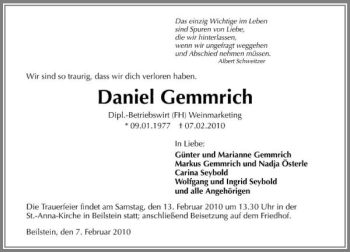 Traueranzeige von Daniel Gemmrich 